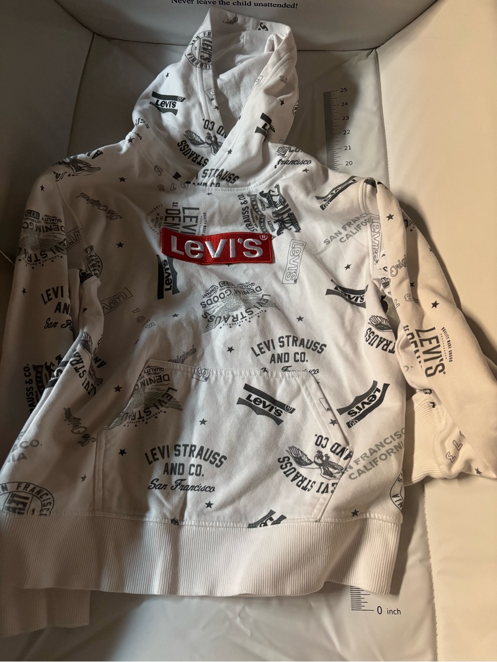 Levi's White Kids Hoodie with Red Chest Logo and Black All-Over Print